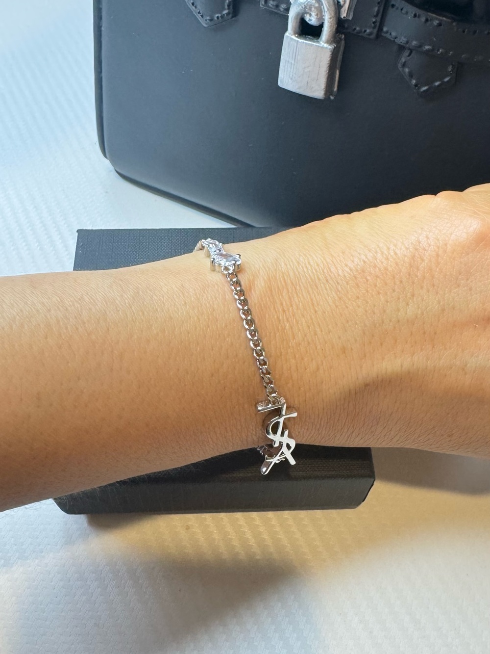 Saint Laurent Silver Script Logo Charm Bracelet
